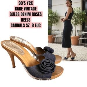 RARE GRAIL Vintage 90s/Y2K Guess Denim Rose Wooden Heels - Sz 8